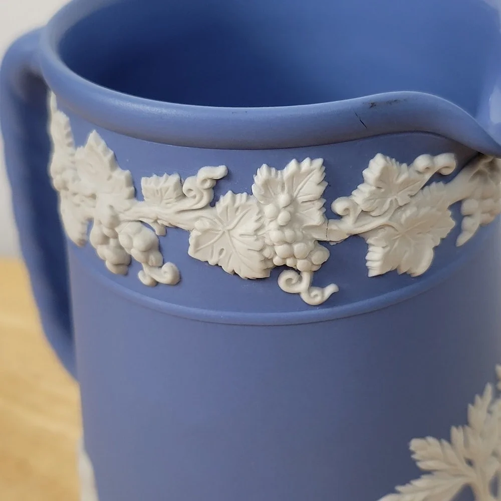 Vintage Royal Doulton Jasperware Style Blue Pitcher Trojan Jug Grapevine England